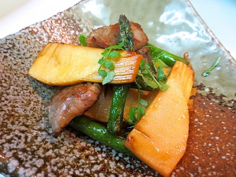 牛ロース　竹の子　アスパラ木の芽醤油焼き