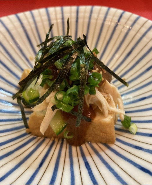 絹揚げ、蒸しとり、胡瓜味噌がけ