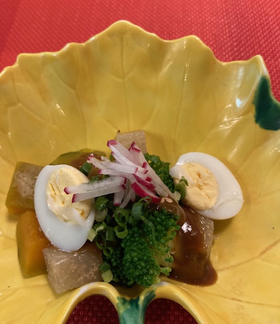 子持ちこんにゃく、南瓜、うずら玉子味噌掛け
