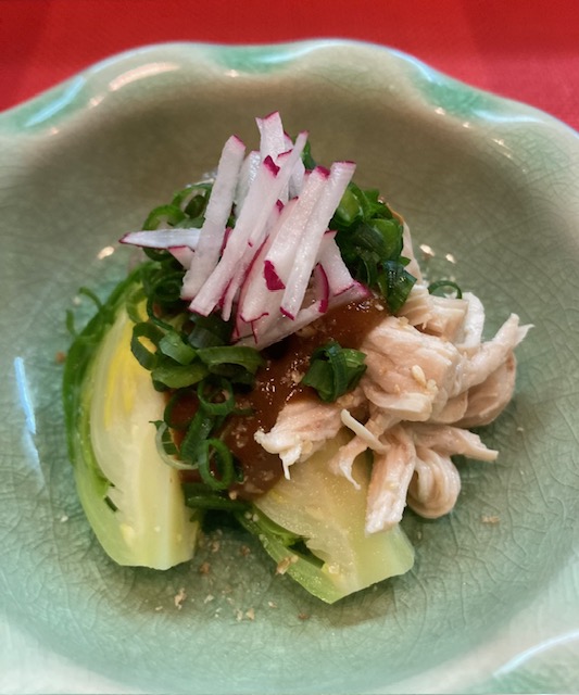 芽キャベツ、こんにゃく、蒸しとり味噌掛け